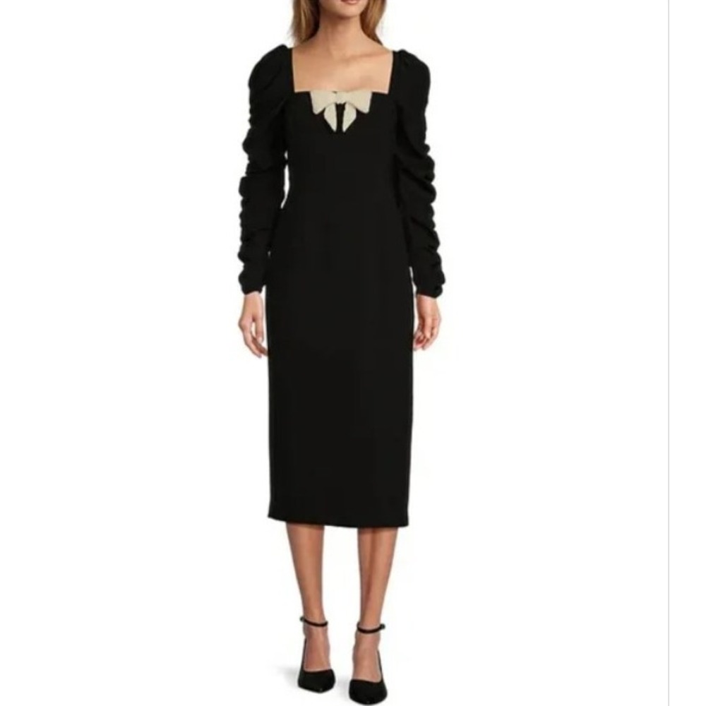 Antonio Melani 10 Elena Crepe Square Neck Long Ruched Sleeve Pearl Bow Dress NWT